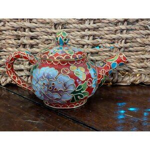 Vintage Cloisonné Floral Miniature Teapot With Multicolor Enamel Design